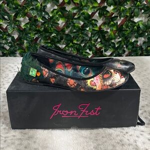 Iron Fist Black Multi Floral Skull Ballet Flats with Green Feather Accent